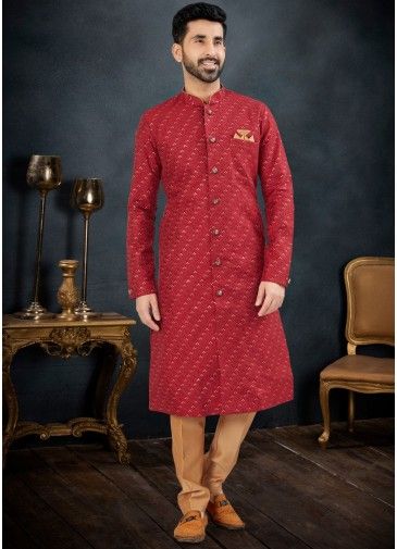 Red Readymade Jacquard Embroidered Mens Sherwani 