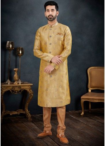Readymade Woven Jacquard Mens Sherwani Set In Golden
