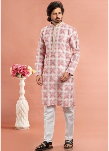 Pink Digital printed Men's Kurta Pajama