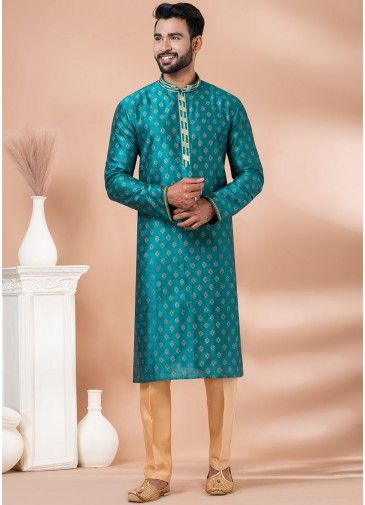 Blue Printed Kurta Pajama In Banarasi Silk