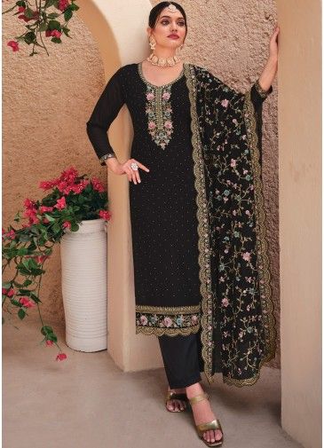 Black Embroidered Pant Suit Set