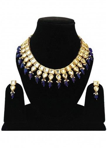 Blue Golden Kundan Stone Studded Necklace Set