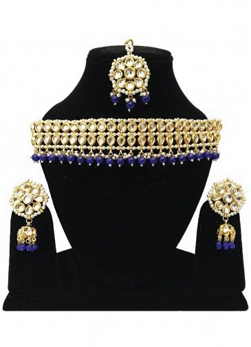 Golden Blue Beaded Choker Necklace Set