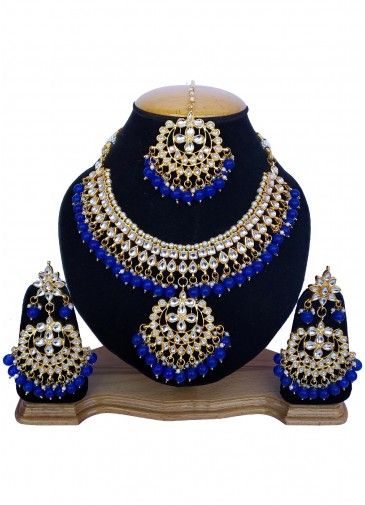 Pearl Blue Stone Studded Kundan Necklace Set