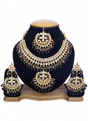 Pearl Black Stone Studded Kundan Necklace Set