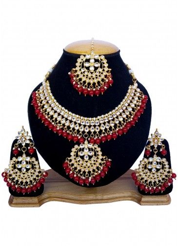 Pearl Maroon Stone Studded Kundan Necklace Set