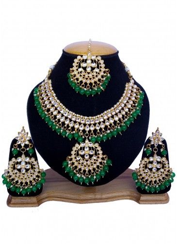 Pearl Green Stone Studded Kundan Necklace Set