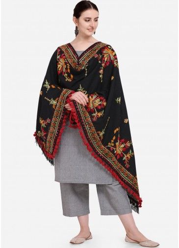 Black Cotton Dupatta With Thread Embroidery
