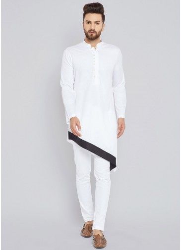 Readymade White Asymmetric Cotton Kurta With Pant