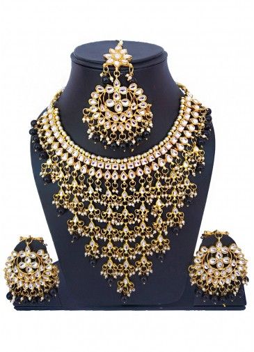 Golden Black Pearl and Kundan Necklace Set