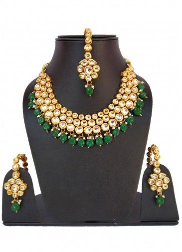Golden Green Stone Studded Kundan Necklace Set