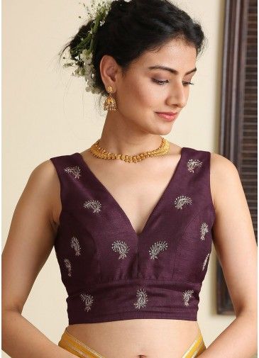 Purple Dupion Silk Embroidered Readymade Blouse