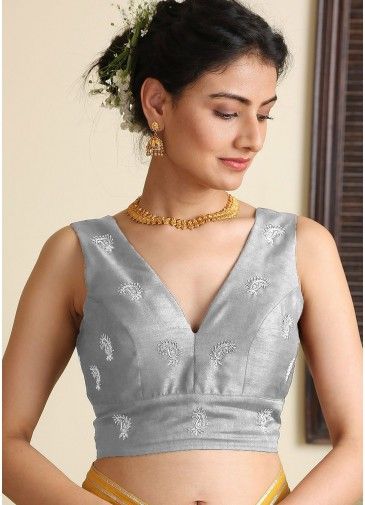 Readymade Grey Embroidered Dupion Silk Blouse