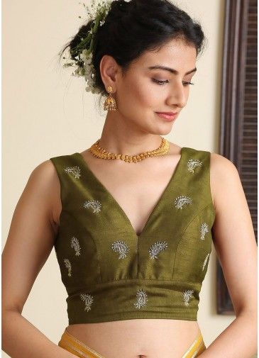 Green Embroidered Dupion Silk Readymade Blouse