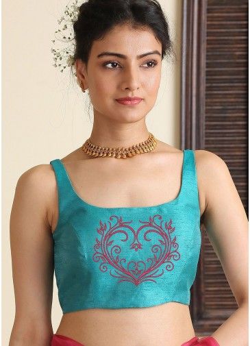 Turquoise Dupion Silk Embroidered Blouse