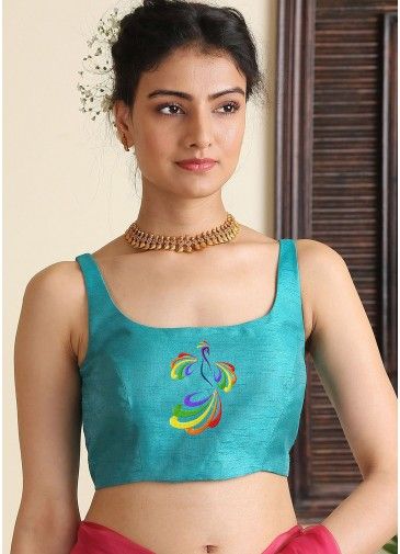 Thread Embroidered Readymade Blouse In Turquoise