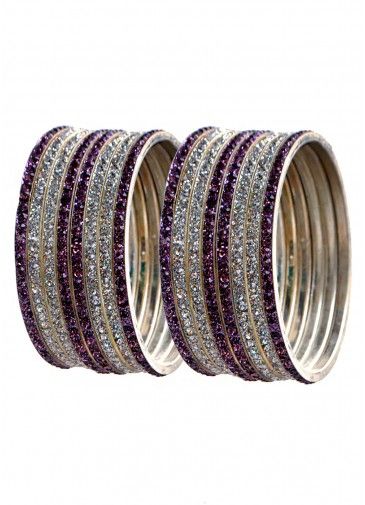 Stone Studded Purple and Silver Bangle Set