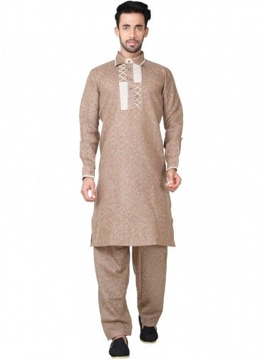 Readymade Brown Linen Pathani Suit Set