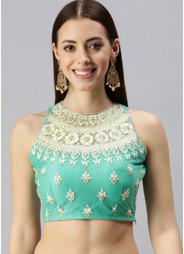 Zari & Thread Embroidered Readymade Blouse In Green