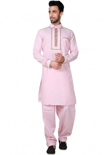 Readymade Pink Linen Pathani Suit Set