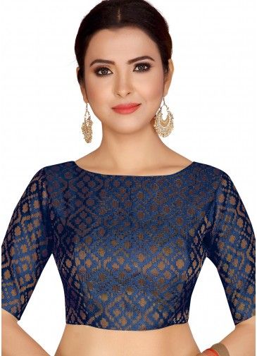 Brocade Boat Neck Blouse In Blue