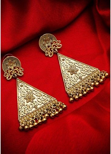 Golden Embossed Triangular Dangler Earrings 