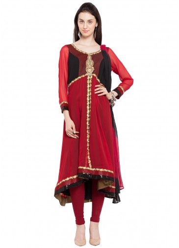 Readymade Red Asymmetrical Faux Georgette Salwar Suit