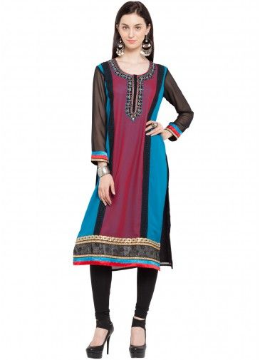 Readymade Multicolored Faux Georgette Panelled Kurta