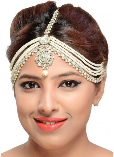 Pearl Beaded Stone Studded Matha Patti In White