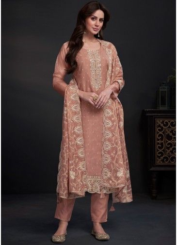 Peach Embroidered Pant Suit Set In Organza