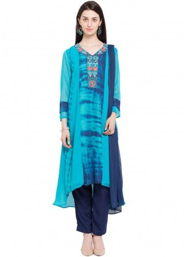 Readymade Blue Asymmetric Printed Georgette Pant Suit