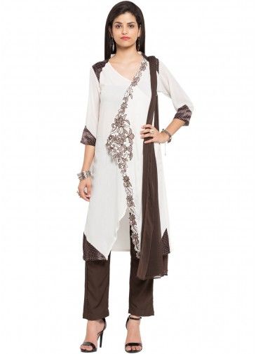 Readymade White Cotton Pant Suit with Dupatta