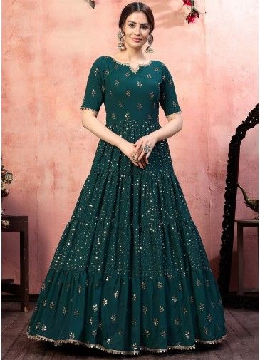Green Georgette Mirror Work Gown In Tiered Style