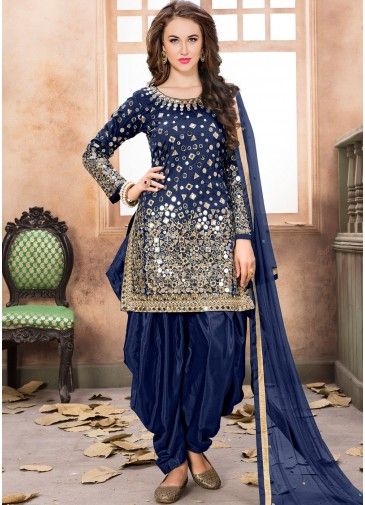 Navy Blue Art Silk Punjabi Salwar Suit with Dupatta