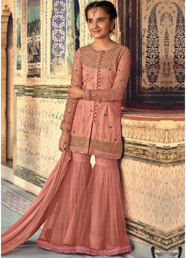 Coral Peach Front Slit Embroidered Sharara Kids Suit