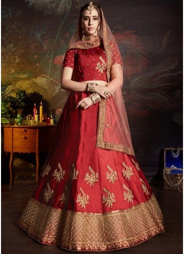Red Bridal Embroidered Satin Lehenga Choli