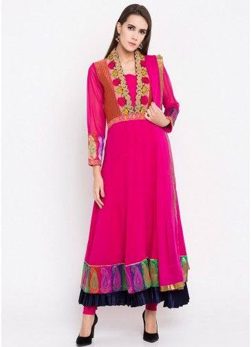Bright Pink Embroidered Twin Layered Georgette Suit