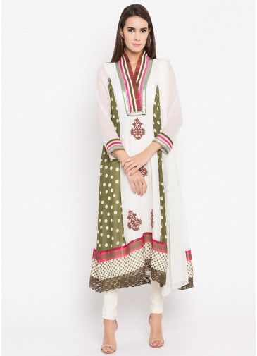Off-White Printed Flared Georgette Suit With Dupatta