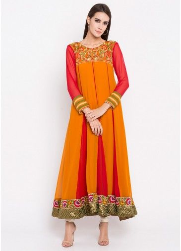 Yellow & Red Embroidered Empire Line Long Kurta