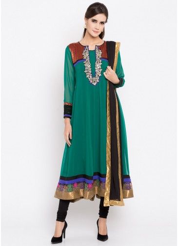 Teal Green Hand Embroidered Flared Georgette Suit