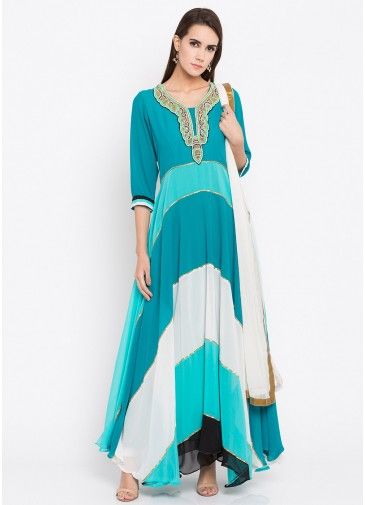 Teal Blue Embroidered Georgette Suit With Dupatta