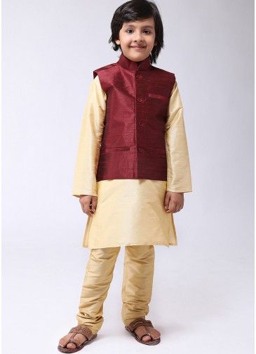 Cream Kids Kurta Churidar With Nehru Jacket