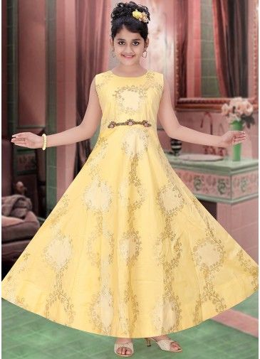 Yellow Brocade Woven Kids Flared Gown