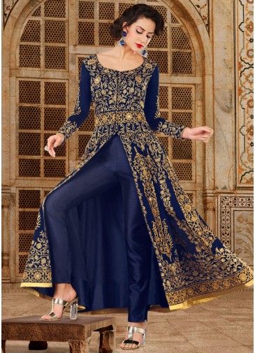 Blue Embroidered Pant Suit With Dupatta