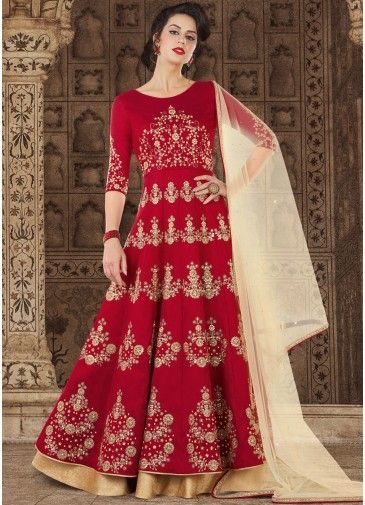 Red Embroidered Anarkali Suit With Dupatta