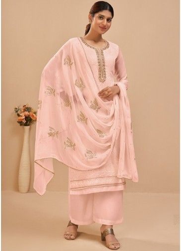 Pink Georgette Palazzo Suit In Thread Embroidery