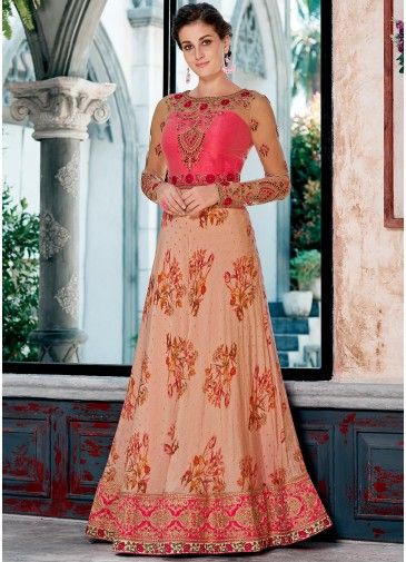 Pink Floral Digital Print Silk Readymade Gown