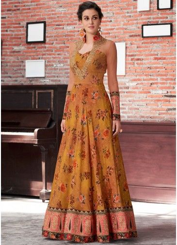 Floral Digital Print Brown Silk Readymade Gown