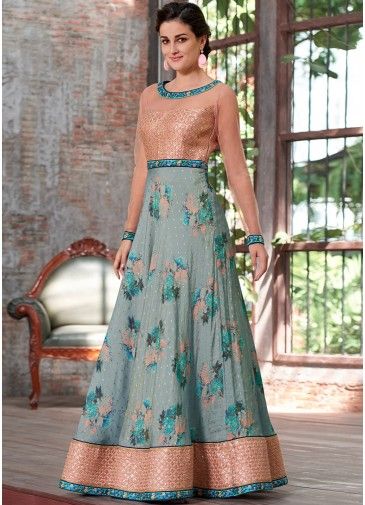 Readymade Turquoise Floral Digital Print Silk Gown