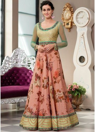 Readymade Pink Floral Digital Print Silk Gown